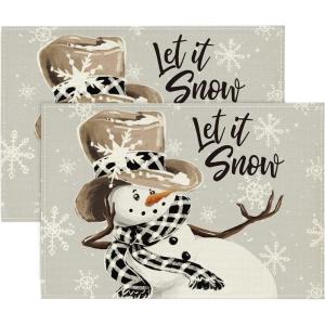 Artoid Mode Black Snowman Snowflakes Let it Snow Winter Placemats Set of 4, 14 Inch Seasonal Christmas Round Table Mats for Dining Decoration(Silver)