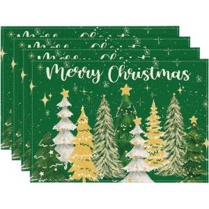 Artoid Mode Black Stars Xmas Tree Merry Christmas Round Placemats Set of 4, 14 Inch Christmas Round Table Mats for Dining Decoration(Green)