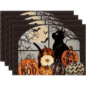 Artoid Mode Boo Black Cat Pumpkins Halloween Placemats Set of 6, Trick Or Treat 12×18 Inch Seasonal Fall Holiday Table Mats for Party Kitchen Dining Decoration(Black/Orange)