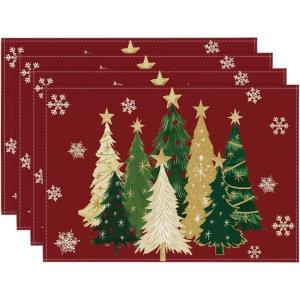 Artoid Mode Xmas Trees Snowflakes Winter Placemats Set of 4, 12×18 Inch Seasonal Red Christmas Table Mats for Party Kitchen Dining Decoration(Red)