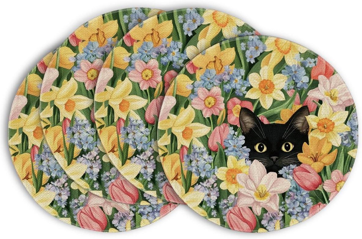 imageArtoid Mode Tulip Flowers Cat Spring Placemats Set of 4 12x18 Inch Seasonal Summer Holiday Table Mats for Party Kitchen Dining DecorationMulticolor