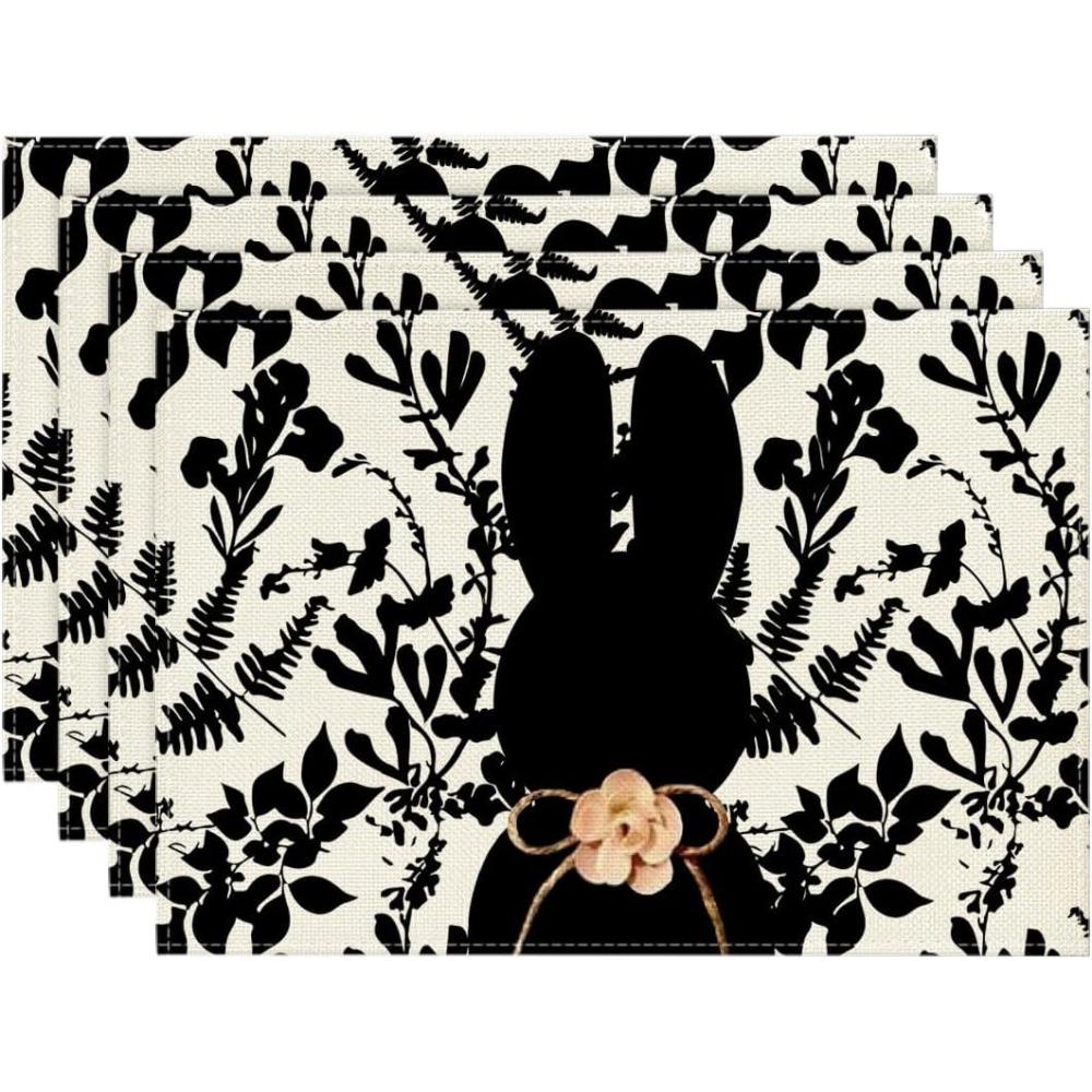 imageArtoid Mode Black Bunny Leaves Bow Easter Placemats Set of 4 12x18 Inch Spring Table Mats for Outdoor Home Party Kitchen Dining DecorBlackBeige