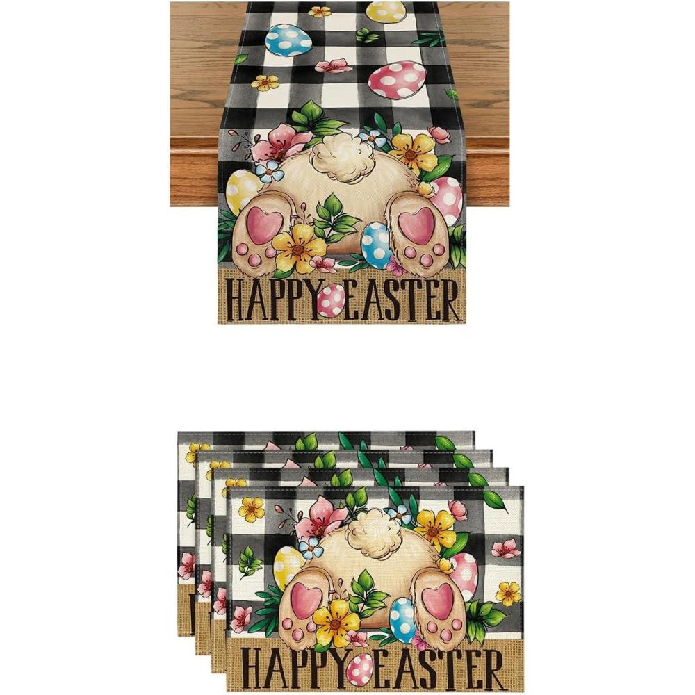 imageArtoid Mode Buffalo Plaid Bunny Egg Flowers Happy Easter Place Mats 12x18 Inch Set of 4 and Table Runner 13x72 Inch