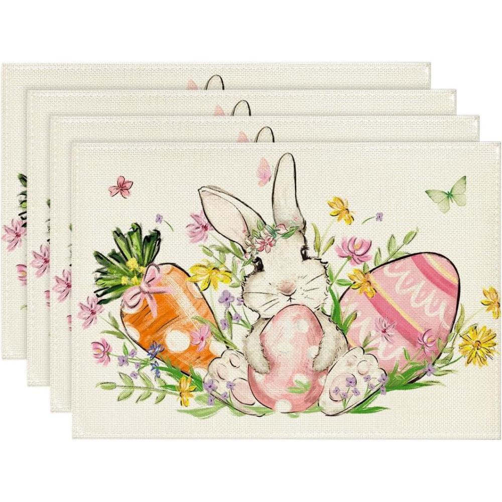 imageArtoid Mode Bunny Egg Carrot Flower Easter Placemats Set of 4 12x18 Inch Seasonal Spring Table Mats for Party Kitchen Dining DecorationBeige