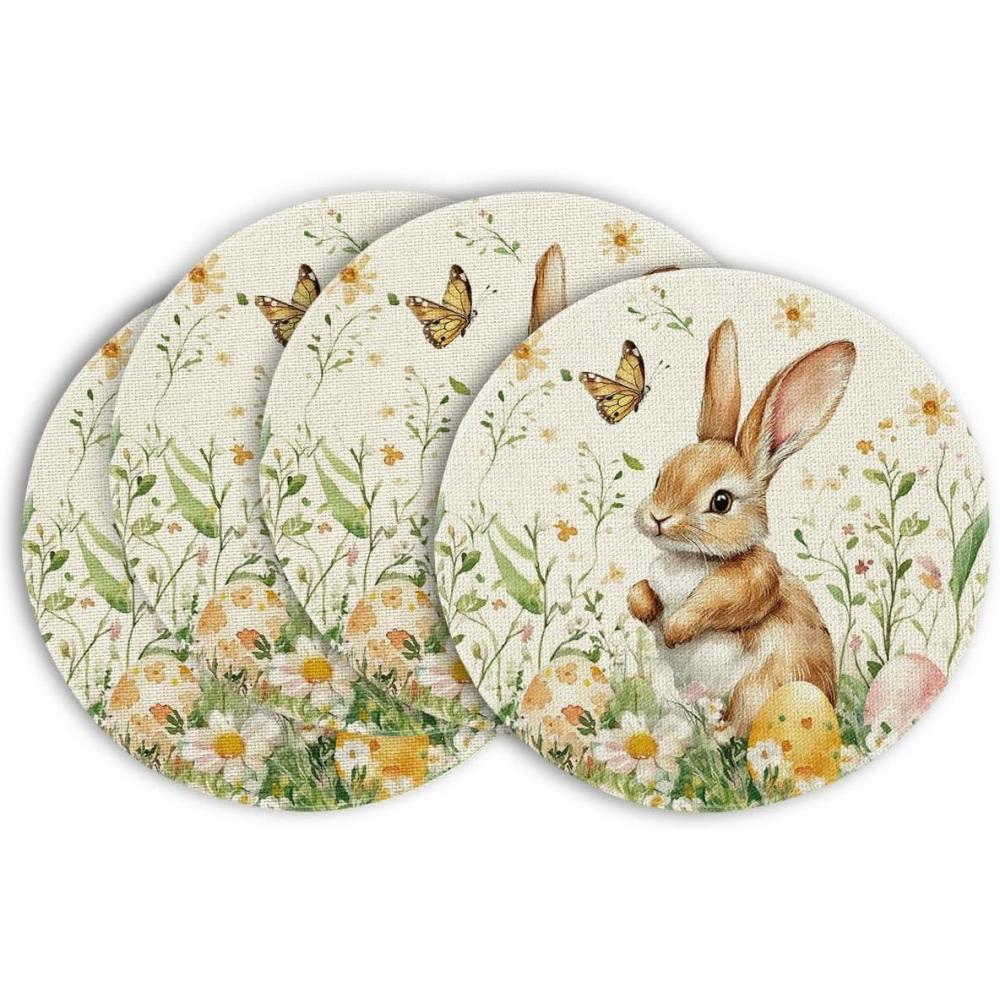 imageArtoid Mode Bunny Rabbit Butterfly Eggs Flowers Round Easter Placemats Set of 4 14 Inch Spring Round Table Mats for Dining DecorationBeige
