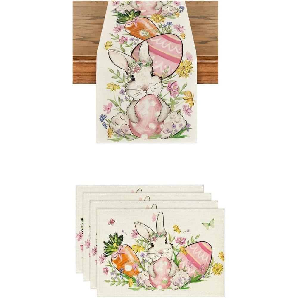 imageArtoid Mode Bunny Rabbit Egg Flower Easter Place Mats 12x18 Inch Set of 4 and Table Runner 13x72 Inch
