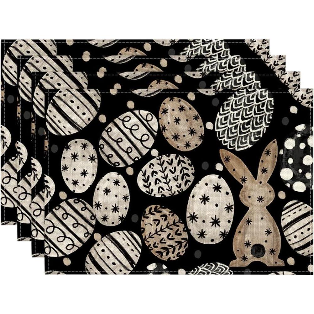 imageArtoid Mode Bunny Rabbit Eggs Flowers Easter Placemats Set of 4 12x18 Inch Seasonal Spring Holiday Table Mats for Party Kitchen Dining DecorationBlack
