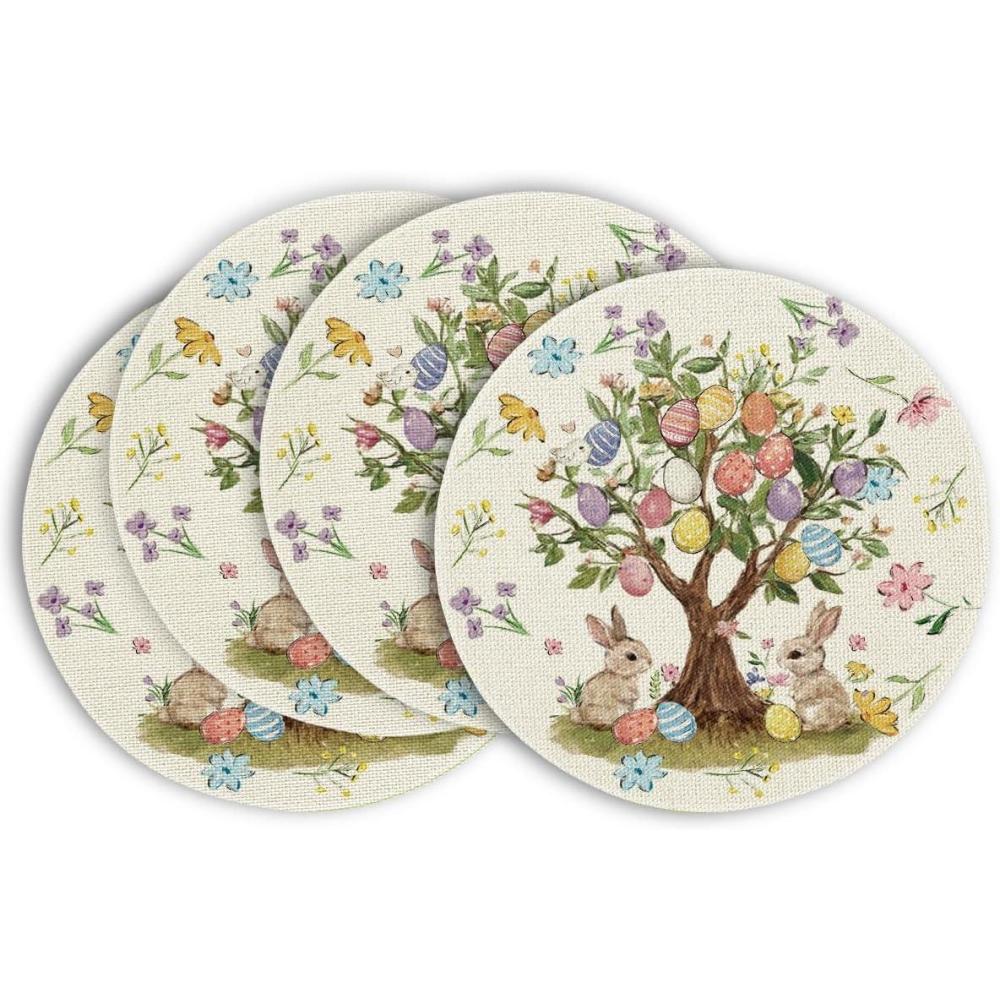 imageArtoid Mode Bunny Rabbit Eggs Tree Flowers Round Easter Placemats Set of 4 14 Inch Spring Round Table Mats for Dining DecorationBeige