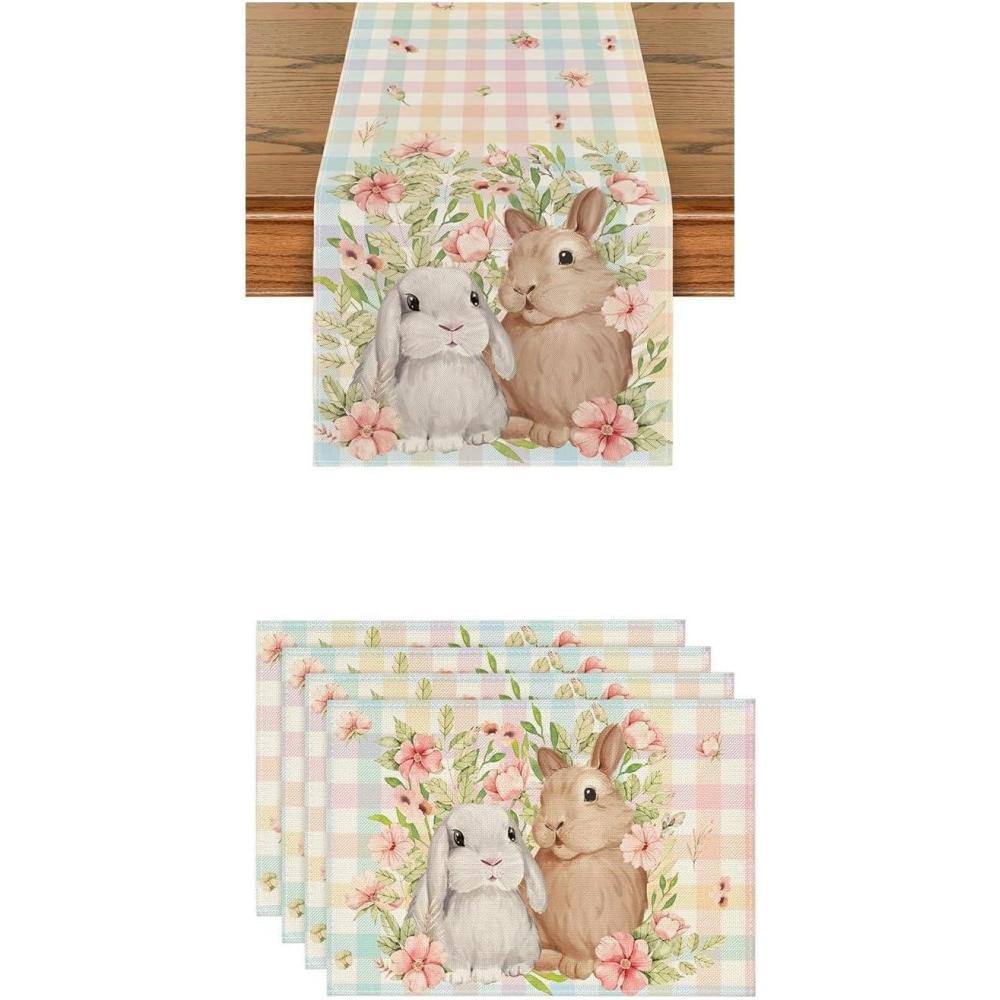 imageArtoid Mode Bunny Rabbit Leaves Floral Easter Place Mats 12x18 Inch Set of 4 and Table Runner 13x72 Inch