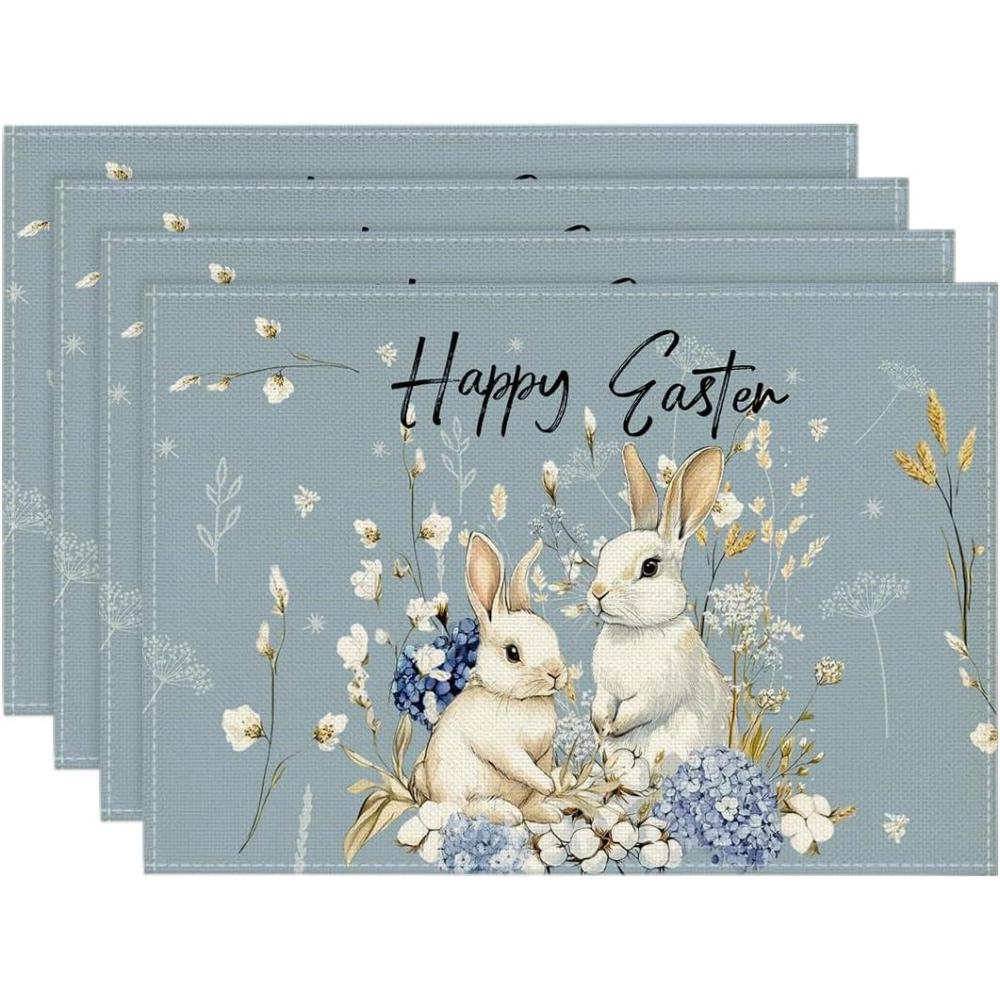 imageArtoid Mode Bunny Rabbits Hydrangea Happy Easter Placemats Set of 4 12x18 Inch Seasonal Spring Table Mats for Party Kitchen Dining DecorationBlue