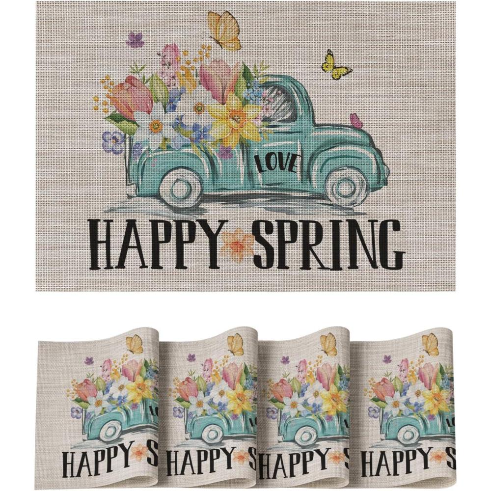 imageArtoid Mode Car Butterfly Flower Spring Placemats Set of 4 12x18 Inch Love Seasonal Holiday Table Mats for Party Kitchen Dining DecorationBeige