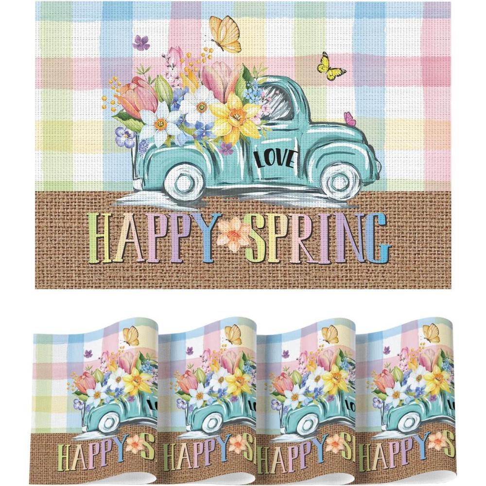 imageArtoid Mode Car Butterfly Flower Spring Placemats Set of 4 12x18 Inch Love Seasonal Holiday Table Mats for Party Kitchen Dining DecorationPinkWhite