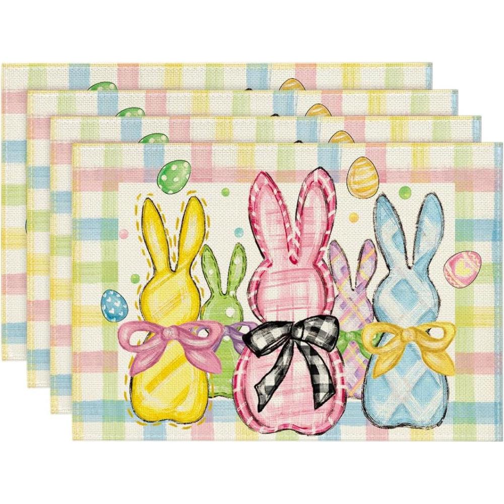 imageArtoid Mode Colorful Buffalo Plaid Bunny Rabbits Happy Easter Placemats Set of 4 12x18 Inch Seasonal Spring Holiday Table Mats for Party Kitchen Dining DecorationYellow