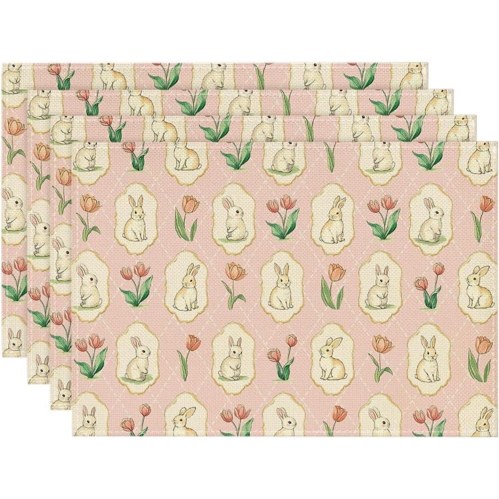 imageArtoid Mode Dots Pink Lingge Bunny Tulips Easter Placemats Set of 4 12x18 Inch Spring Table Mats for Outdoor Home Party Kitchen Dining Decor