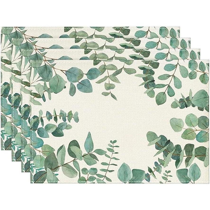 imageArtoid Mode Eucalyptus Leaves Summer Placemats for Dining Table 12 x 18 Inch Spring Seasonal Holiday Rustic Vintage Washable Table Mats Set of 6Green