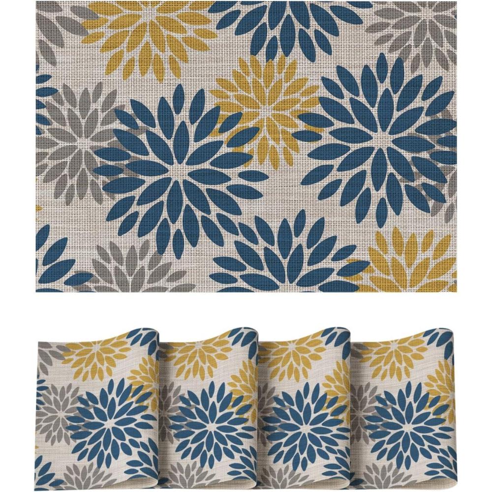imageArtoid Mode Floral Vinyl Placemats Set of 4 Washable Heat Resistant NonSlip Woven Plastic PVC Place Mats for Farmhouse Holiday Party Kitchen Dining DecorBlueYellow