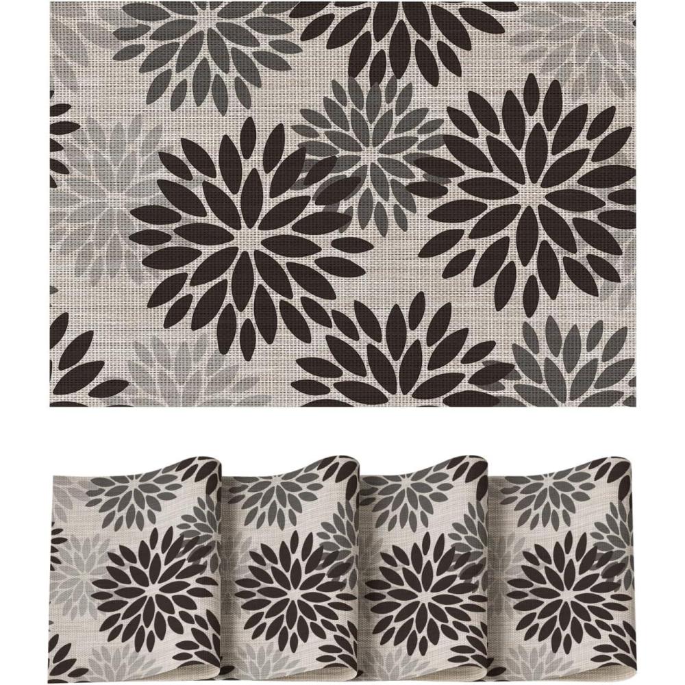 imageArtoid Mode Floral Vinyl Placemats Set of 4 Washable Heat Resistant NonSlip Woven Plastic PVC Place Mats for Farmhouse Holiday Party Kitchen Dining DecorBlack