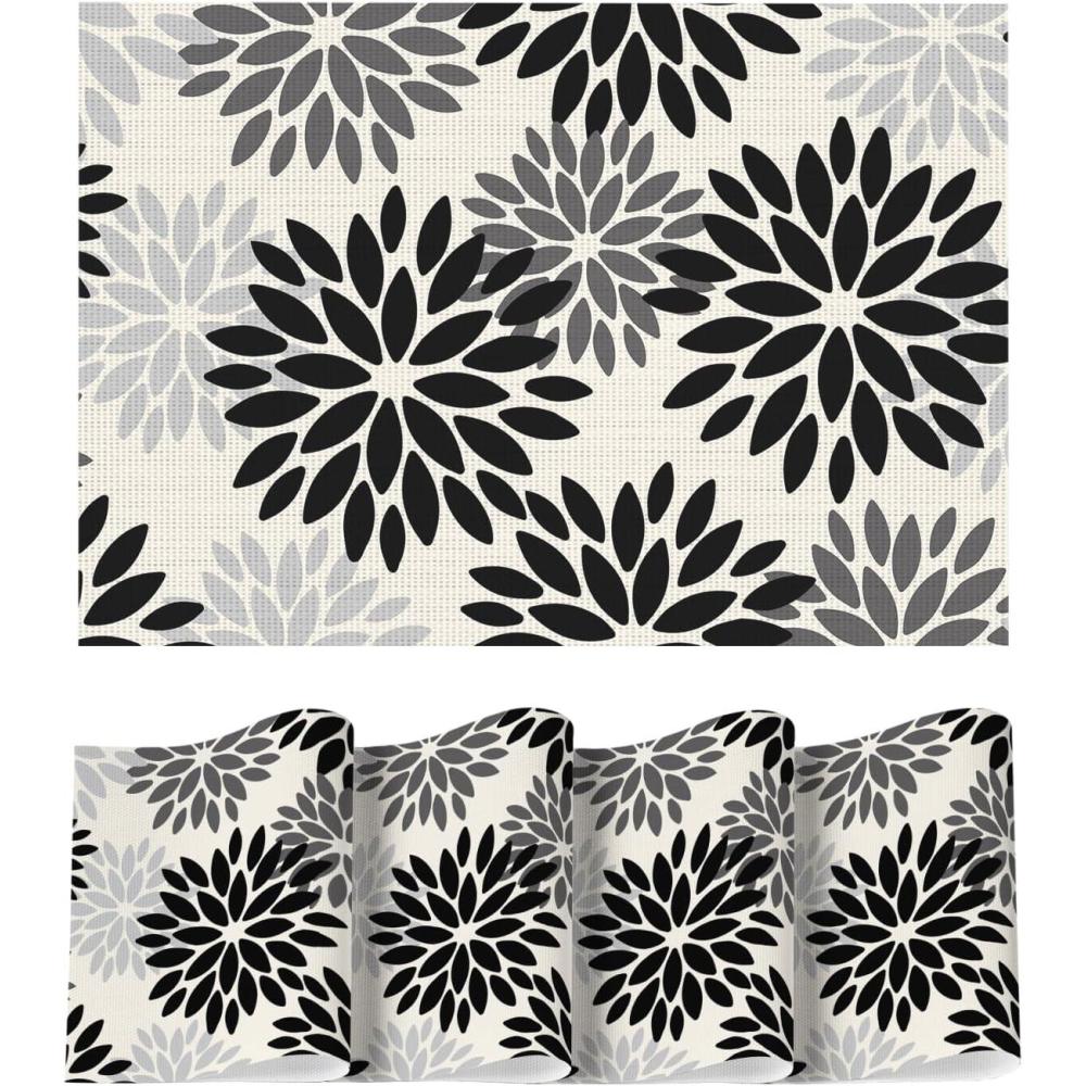 imageArtoid Mode Floral Vinyl Placemats Set of 4 Washable Heat Resistant NonSlip Woven Plastic PVC Place Mats for Farmhouse Holiday Party Kitchen Dining DecorBeigeBlack