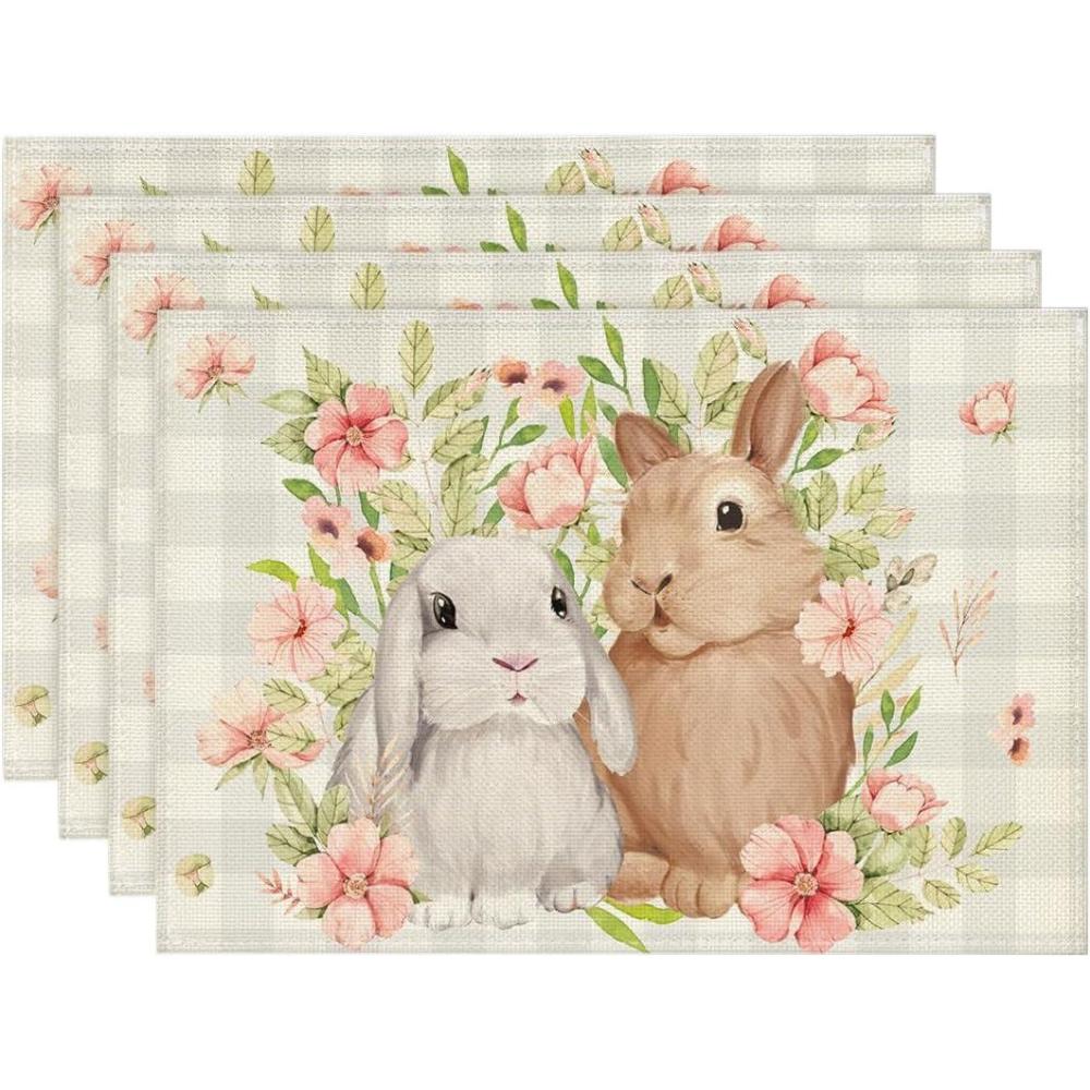 imageArtoid Mode Green White Bunny Rabbit Flowers Buffalo Plaid Easter Placemats Set of 4 12x18 Inch Spring Table Mats for Party Kitchen Dining DecorationGray