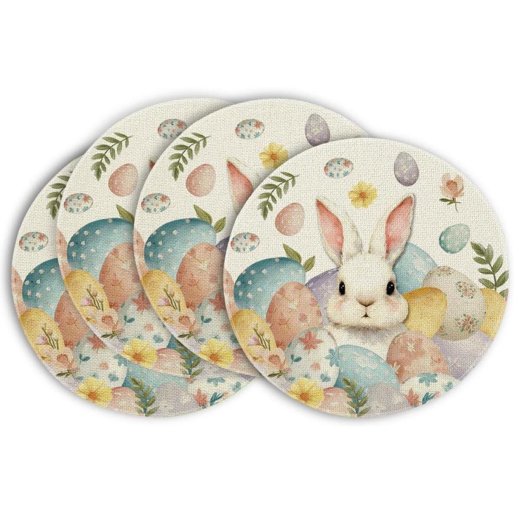 imageArtoid Mode Rabbit Bunny Eggs Leaves Flowers Round Easter Placemats Set of 4 14 Inch Spring Round Table Mats for Dining DecorationBeige