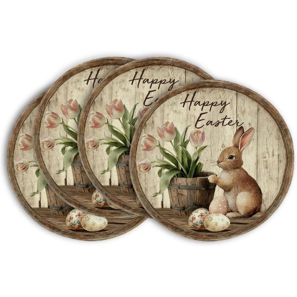 imageArtoid Mode Rabbit Bunny Eggs Tulip Round Happy Easter Placemats Set of 4 14 Inch Seasonal Spring Holiday Table Mats for Party Kitchen Dining Decoration
