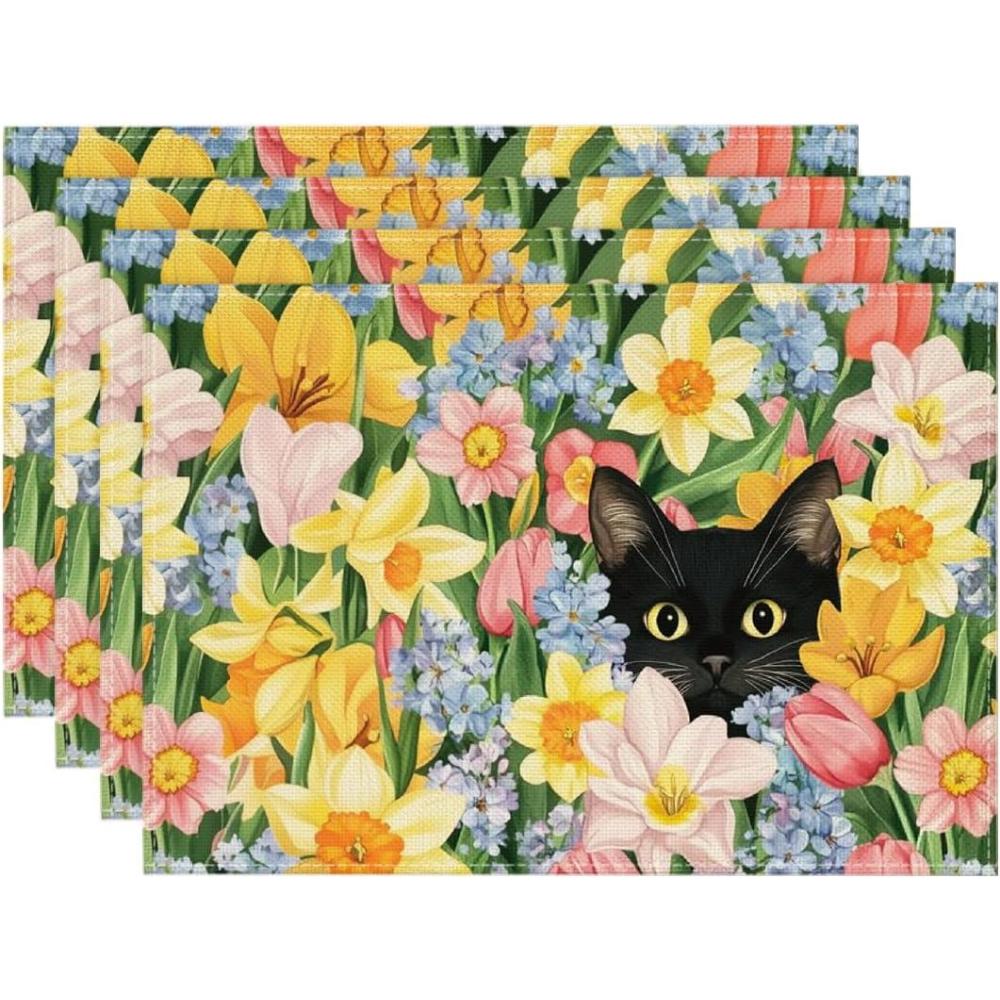 imageArtoid Mode Tulip Flowers Cat Spring Placemats Set of 4 12x18 Inch Seasonal Summer Holiday Table Mats for Party Kitchen Dining DecorationMulticolor