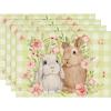 Artoid Mode Green White Bunny Rabbit Flowers Buffalo Plaid Easter Placemats Set of 4, 12×18 Inch Spring Table Mats for Party Kitchen Dining Decoration(Green)