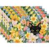 Artoid Mode Tulip Flowers Cat Spring Placemats Set of 4, 12×18 Inch Seasonal Summer Holiday Table Mats for Party Kitchen Dining Decoration(Multicolor)