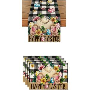 Artoid Mode Buffalo Plaid Bunny Egg Flowers Happy Easter Place Mats 12×18 Inch Set of 4 and Table Runner 13×72 Inch