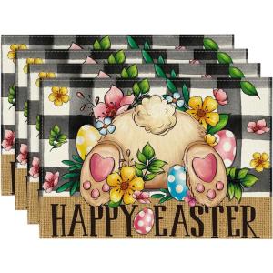 Artoid Mode Buffalo Plaid Bunny Egg Flowers Happy Easter Placemats Set of 4, 12×18 Inch Spring Seasonal Table Mats for Party Kitchen Dining Decoration