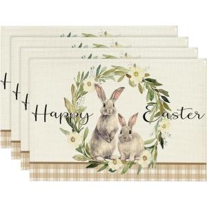 Artoid Mode Buffalo Plaid Bunny Rabbits Happy Easter Placemats Set of 4, 12×18 Inch Seasonal Flower Table Mats for Party Kitchen Dining Decoration