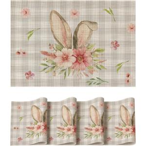 Artoid Mode Buffalo Plaid Rabbit Ears Flowers Vinyl Easter Placemats Set of 4, 12×18 Inch Wipeable Non-Slip PVC Place Mats for Party Kitchen Dining Decor