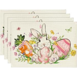 Artoid Mode Bunny Egg Carrot Flower Easter Placemats Set of 4, 12×18 Inch Seasonal Spring Table Mats for Party Kitchen Dining Decoration(Beige)