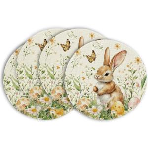 Artoid Mode Bunny Rabbit Butterfly Eggs Flowers Round Easter Placemats Set of 4, 14 Inch Spring Round Table Mats for Dining Decoration(Beige)