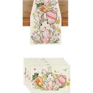 Artoid Mode Bunny Rabbit Egg Flower Easter Place Mats 12×18 Inch Set of 4 and Table Runner 13×72 Inch