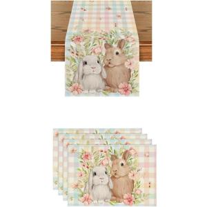 Artoid Mode Bunny Rabbit Leaves Floral Easter Place Mats 12×18 Inch Set of 4 and Table Runner 13×72 Inch