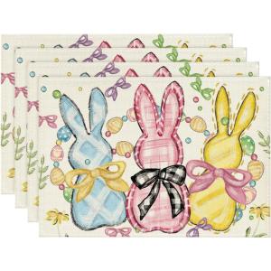 Artoid Mode Bunny Rabbits Eggs Easter Placemats Set of 4, 12×18 Inch Floral Bow Seasonal Spring Holiday Table Mats for Party Kitchen Dining Decoration(Beige)