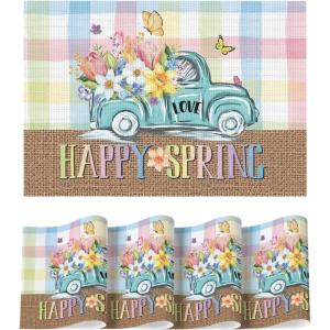 Artoid Mode Car Butterfly Flower Spring Placemats Set of 4, 12×18 Inch Love Seasonal Holiday Table Mats for Party Kitchen Dining Decoration(Pink/White)