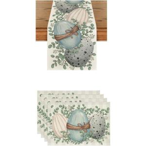 Artoid Mode Eucalyptus Egg Easter Place Mats 12×18 Inch Set of 4 and Table Runner 13×72 Inch