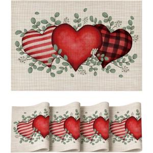 Artoid Mode Eucalyptus Hearts Vinyl Placemats Set of 4, 12×18 Inch Wipeable Non-Slip PVC Place Mats for Party Kitchen Dining Decor(Beige)