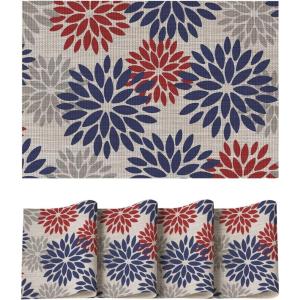 Artoid Mode Floral Vinyl Placemats Set of 4, Washable Heat Resistant Non-Slip Woven Plastic PVC Place Mats for Farmhouse Holiday Party Kitchen Dining Decor(Red/Blue)