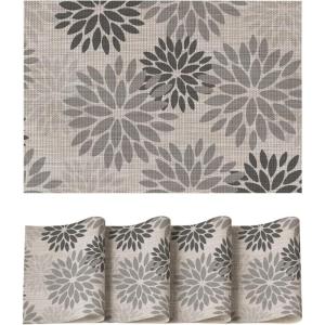 Artoid Mode Floral Vinyl Placemats Set of 4, Washable Heat Resistant Non-Slip Woven Plastic PVC Place Mats for Farmhouse Holiday Party Kitchen Dining Decor(Gray)