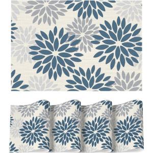 Artoid Mode Floral Vinyl Placemats Set of 4, Washable Heat Resistant Non-Slip Woven Plastic PVC Place Mats for Farmhouse Holiday Party Kitchen Dining Decor(Beige/Blue)