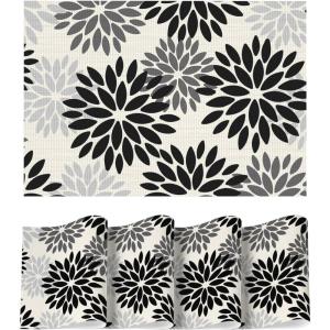 Artoid Mode Floral Vinyl Placemats Set of 4, Washable Heat Resistant Non-Slip Woven Plastic PVC Place Mats for Farmhouse Holiday Party Kitchen Dining Decor(Beige/Black)