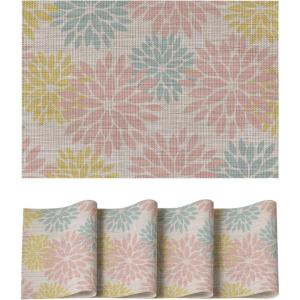Artoid Mode Floral Vinyl Placemats Set of 4, Washable Heat Resistant Non-Slip Woven Plastic PVC Place Mats for Farmhouse Holiday Party Kitchen Dining Decor(Pink/Blue)