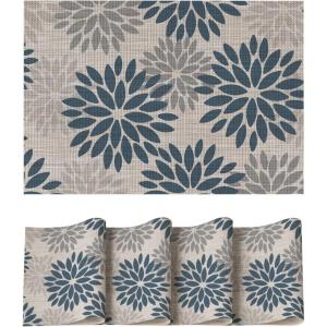 Artoid Mode Floral Vinyl Placemats Set of 4, Washable Heat Resistant Non-Slip Woven Plastic PVC Place Mats for Farmhouse Holiday Party Kitchen Dining Decor(Blue/Gray)