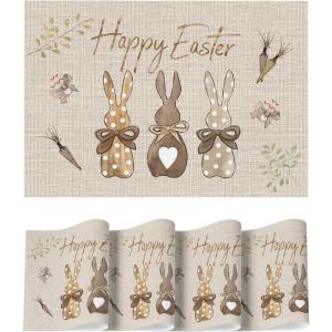 Artoid Mode Green Blue Pink Bunnys Vinyl Happy Easter Placemats Set of 4, 12×18 Inch Wipeable Non-Slip PVC Place Mats for Party Kitchen Dining Decor(Brown)