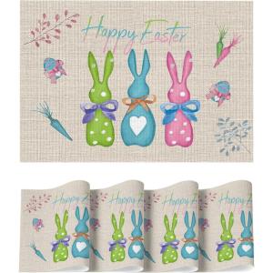 Artoid Mode Green Blue Pink Bunnys Vinyl Happy Easter Placemats Set of 4, 12×18 Inch Wipeable Non-Slip PVC Place Mats for Party Kitchen Dining Decor(Pink)