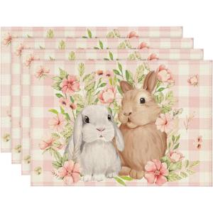 Artoid Mode Green White Bunny Rabbit Flowers Buffalo Plaid Easter Placemats Set of 4, 12×18 Inch Spring Table Mats for Party Kitchen Dining Decoration(Pink)