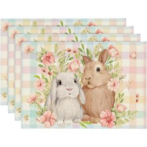 Artoid Mode Green White Bunny Rabbit Flowers Buffalo Plaid Easter Placemats Set of 4, 12×18 Inch Spring Table Mats for Party Kitchen Dining Decoration(Pink/Blue)
